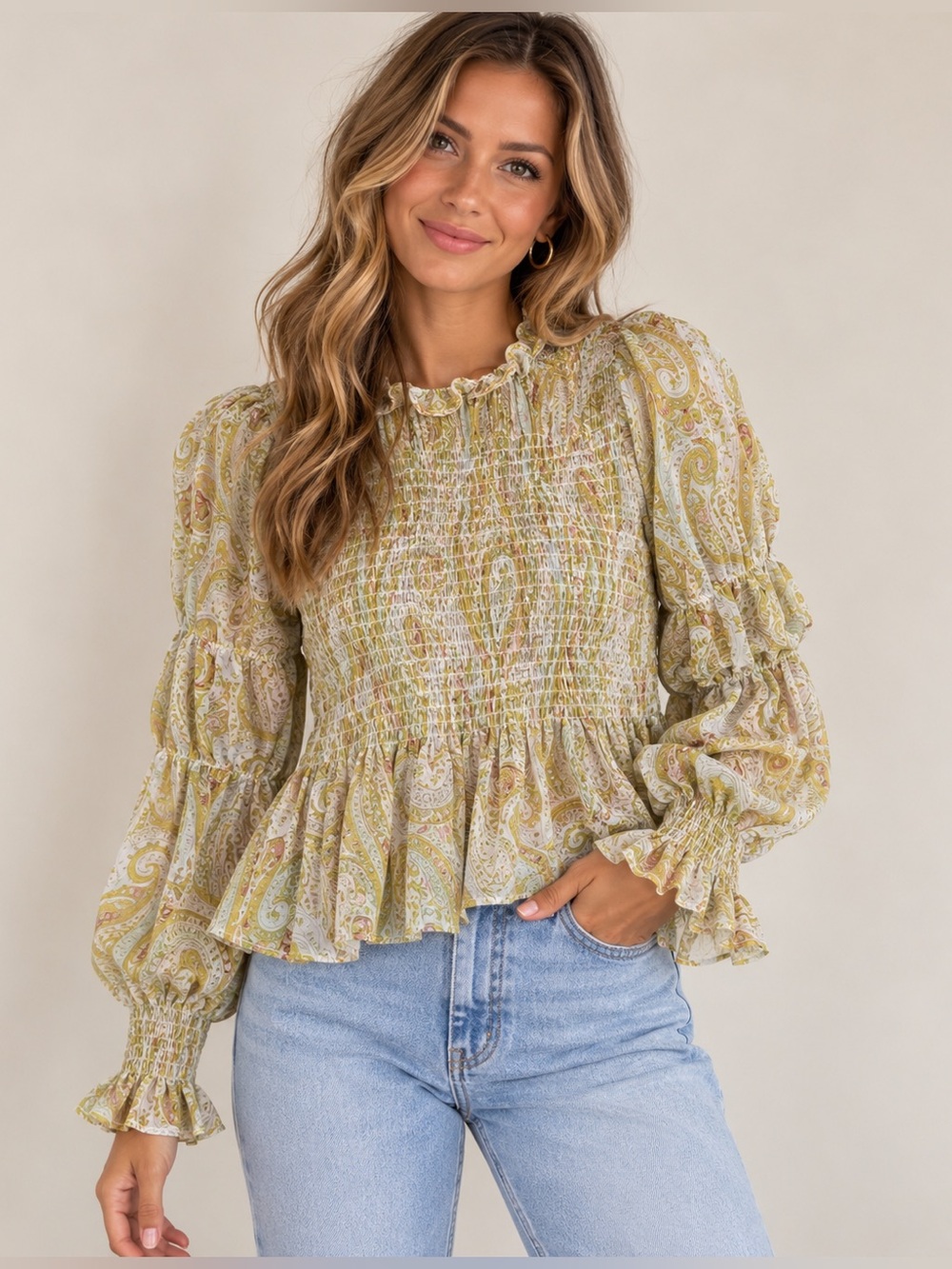 THML Paisley Smocked Blouse XS Yellow Green Puff Sleeve Peplum